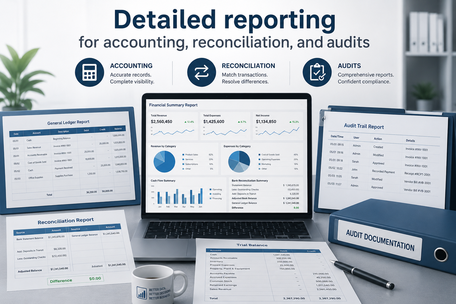 Detailed reporting for accounting, reconciliation, and audits